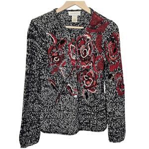 Susan Bristol‎ Knit Flower Embroidered Cardigan Sweater Black Red Size Small